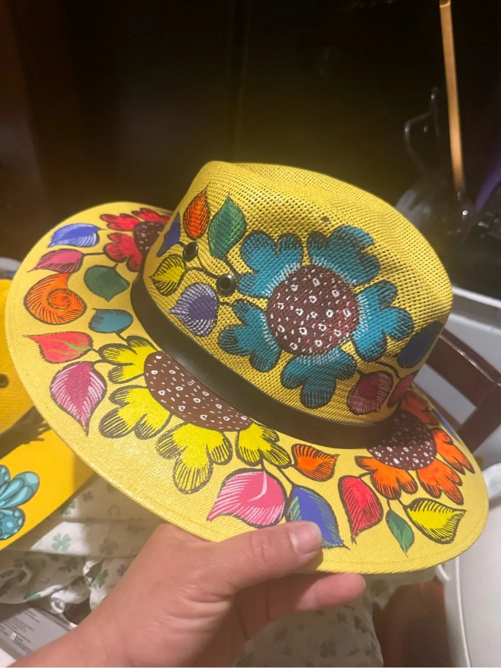 Kids Yellow Sunflower Print Straw Hat with Black Band